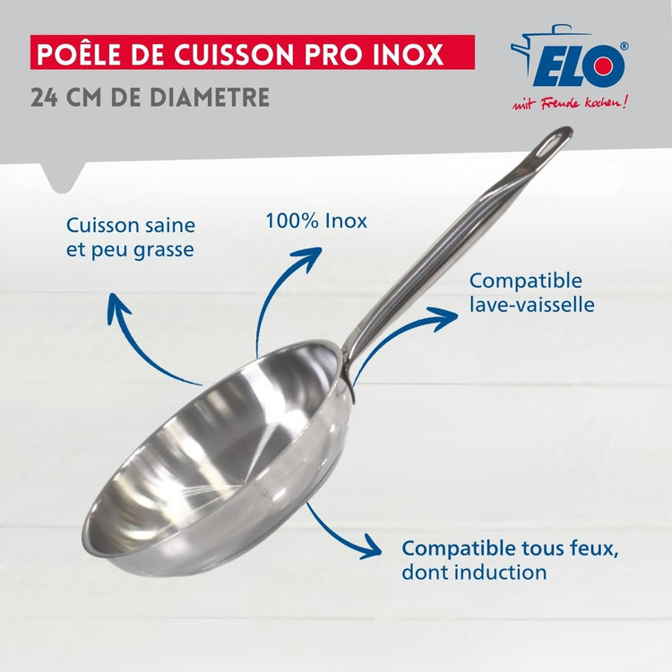 Poêle à frire 24 cm en inox 18/10 sans revêtement de 1,7 litres Elo Profi Therm