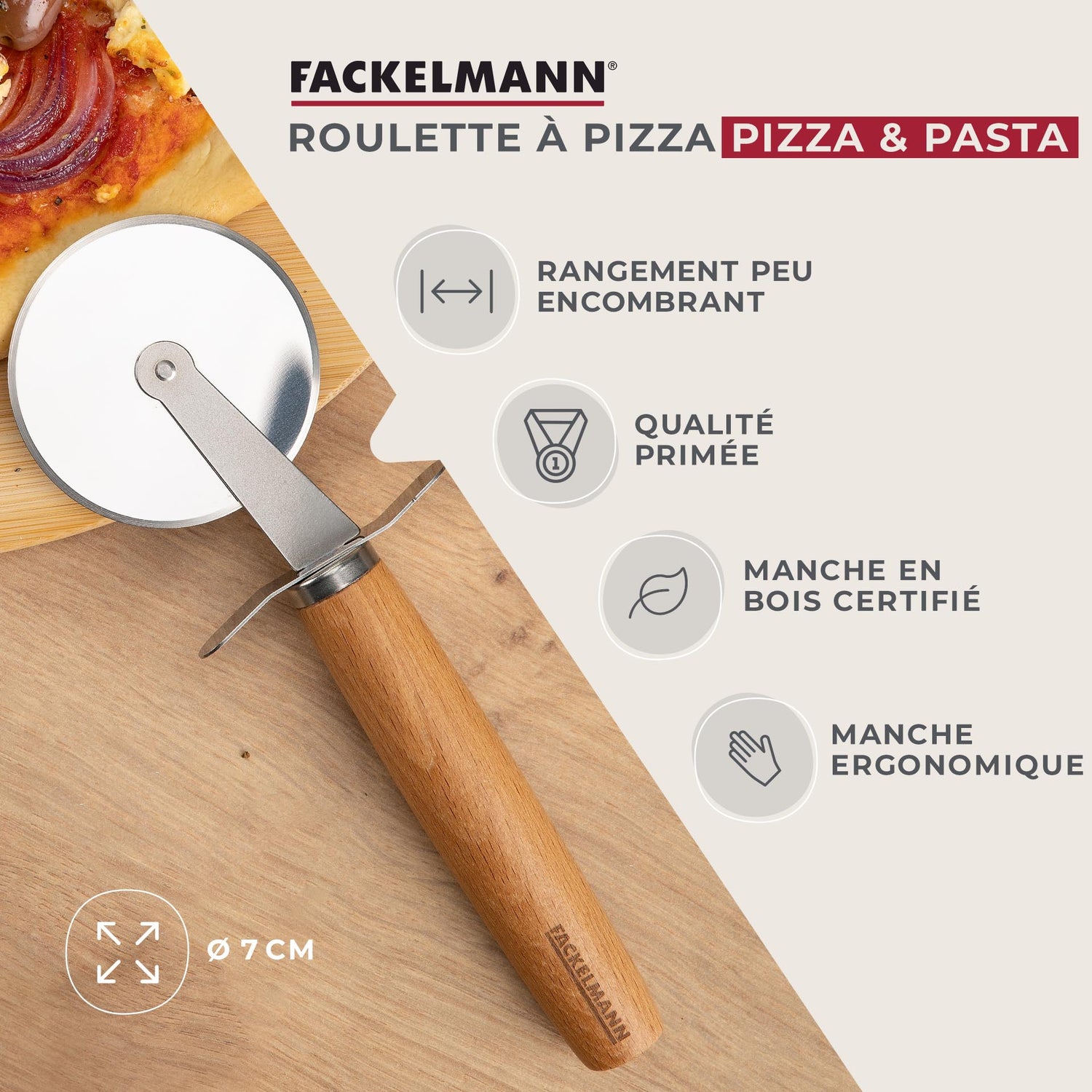 Roulette à pizza manche en bois Fackelmann Pizza & Pasta