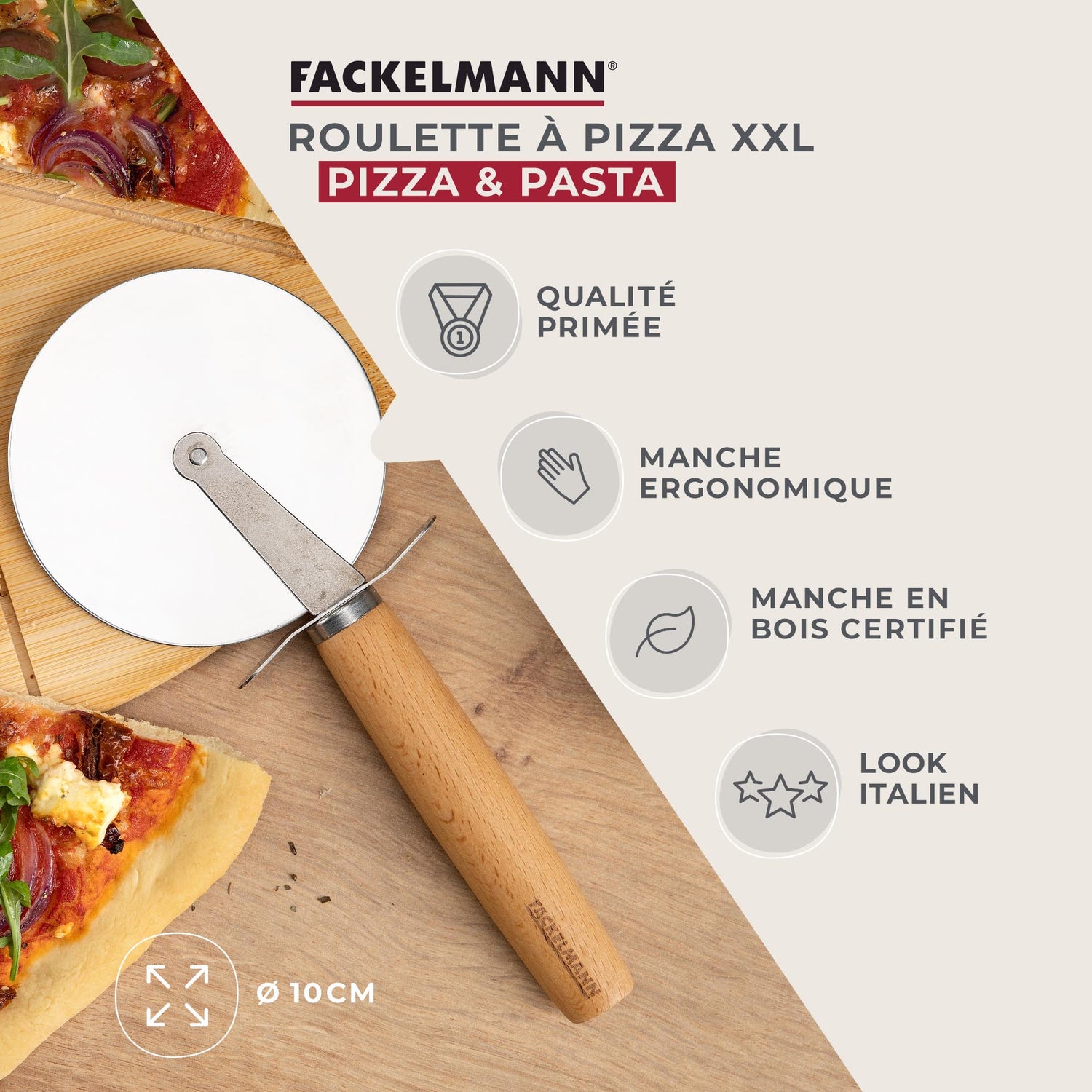 Roulette à pizza géante manche en bois Fackelmann Pizza & Pasta