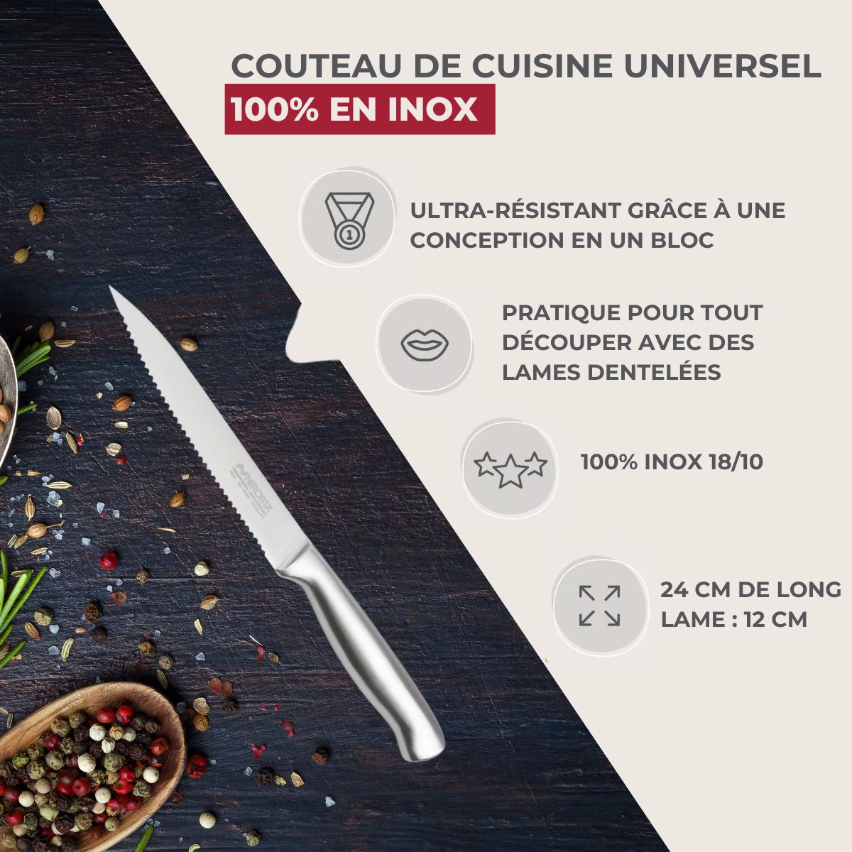 Couteau de cuisine professionnel lame crantée Nirosta Star