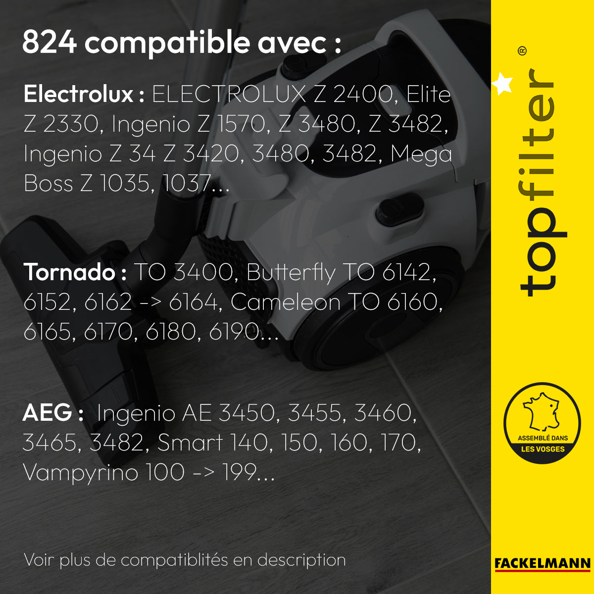 Lot de 4 packs de 4 sacs aspirateur 64824 pour Electrolux et Tornado TopFilter Premium