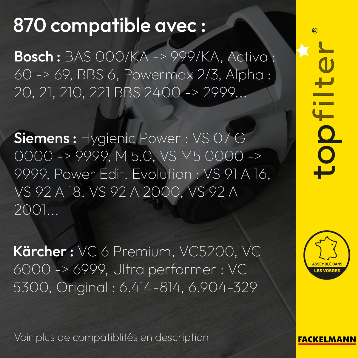 Lot de 4 packs de 4 sacs aspirateur 64870 pour Bosch et Siemens TopFilter Premium