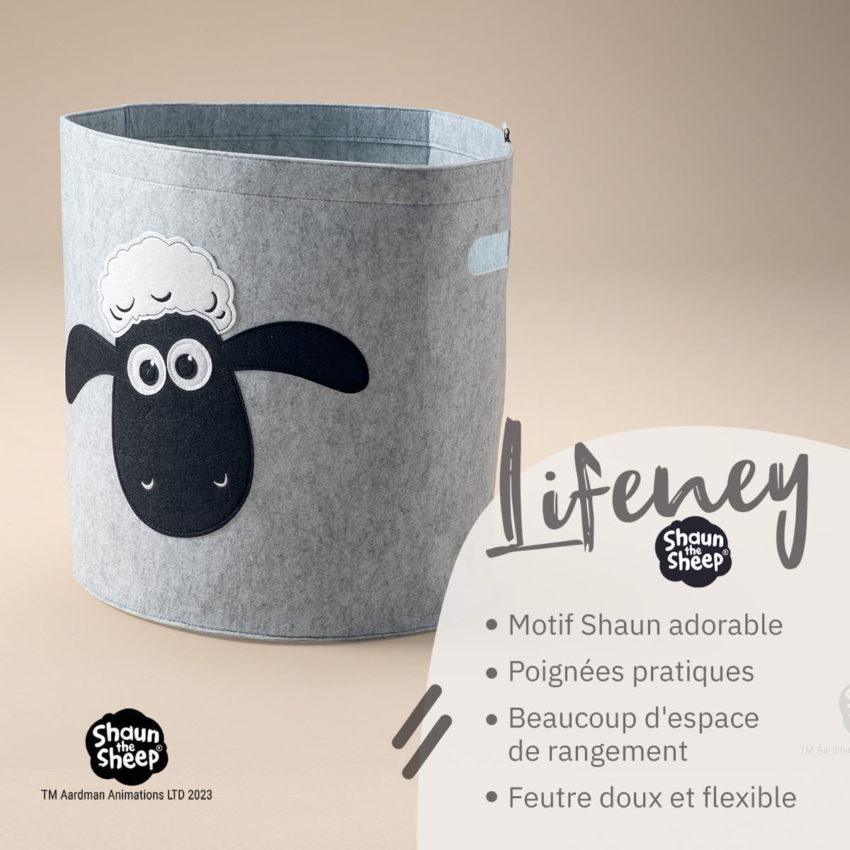 Panier à linge sale gris en feutre motif tête de mouton Lifeney Shaun le mouton