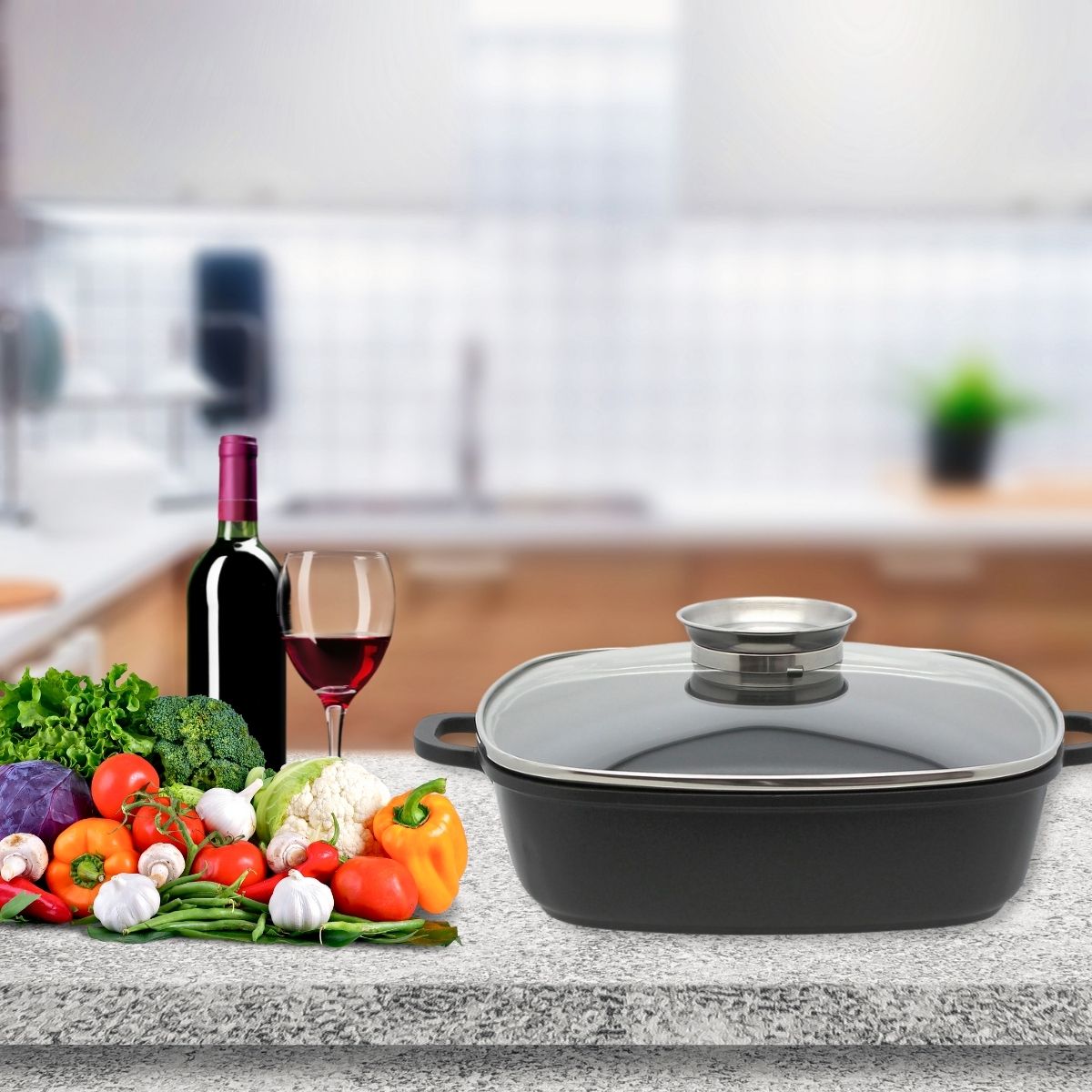 Marmite carrée 28 cm avec couvercle compatible tous feux Elo Alucast
