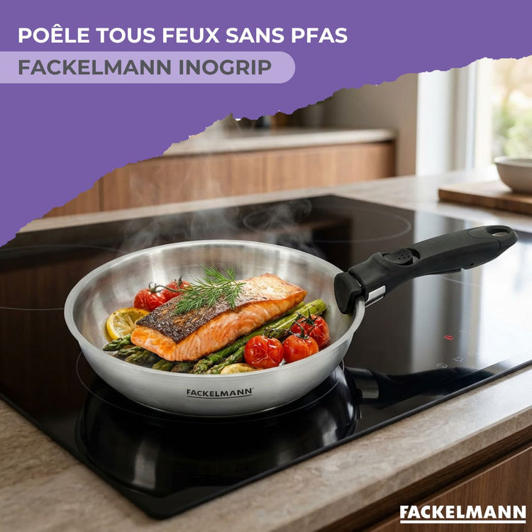 Lot de 1 poêle 24 cm en inox et 1 manche amovible Fackelmann InoGrip