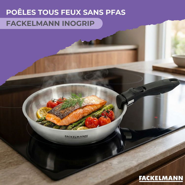 Lot de 2 poêles en inox 20 cm et 24 cm avec manche amovible Fackelmann InoGrip