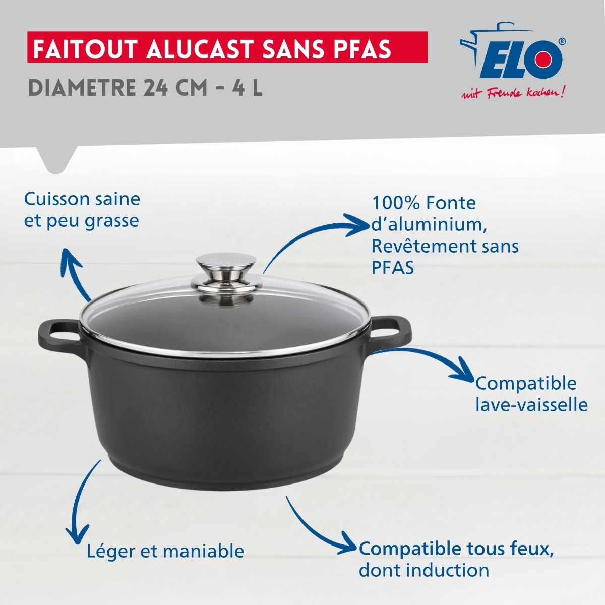 Faitout 24 cm et couvercle Elo Alucast