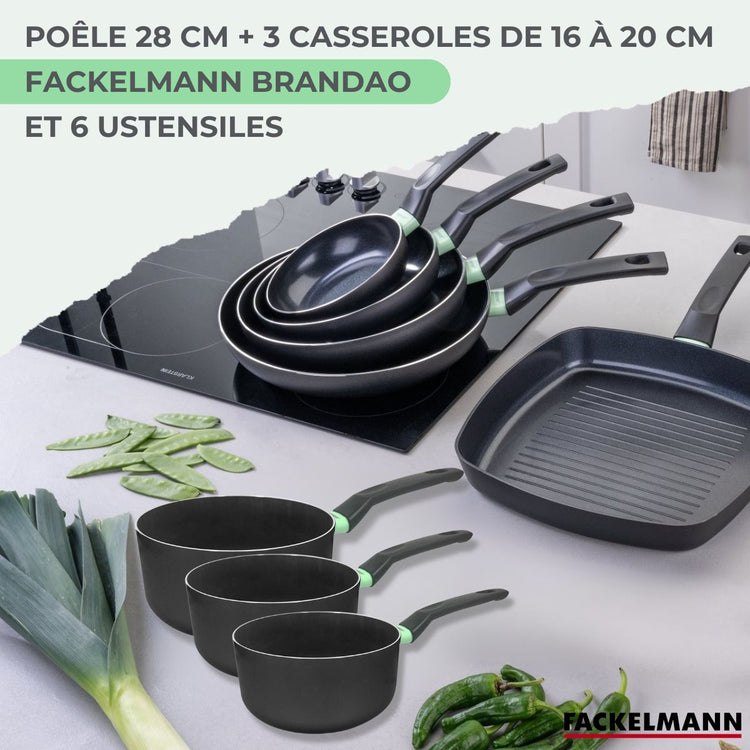 Lot Poêle 28 cm et 3 Casseroles 16/18/20 cm Fackelmann Brandao avec 5 ustensiles