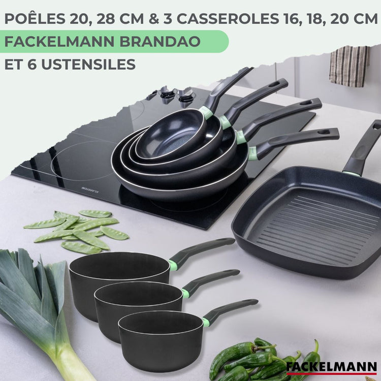 Lot de 2 Poêles 24/28 cm et 3 Casseroles 16/18/20 cm Fackelmann Brandao avec 5 ustensiles