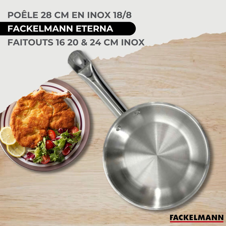 Set poêle 28 cm en inox, 3 faitouts inox 16, 20 et 24 cm et 5 ustensiles Fackelmann Eterna