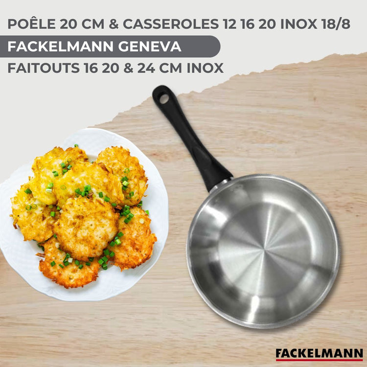 Set 1 poêle 20 cm, 3 casseroles 12 16 20 cm, 3 faitouts 16, 20 et 24 cm en inox et 5 ustensiles Fackelmann Geneva