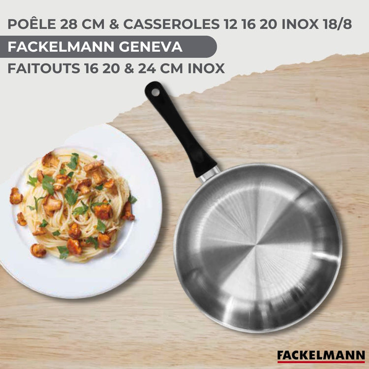 Lot de 3 Faitouts 16/20/24 cm et 3 Casseroles 12/16/20 cm Fackelmann Geneva avec Poêle 28 cm et 5 Ustensiles