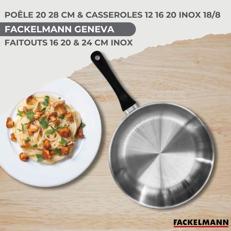 Set 2 poêles 20 28 cm, 3 casseroles 12 16 20 cm, 3 faitouts 16, 20 et 24 cm en inox et 5 ustensiles Fackelmann Geneva