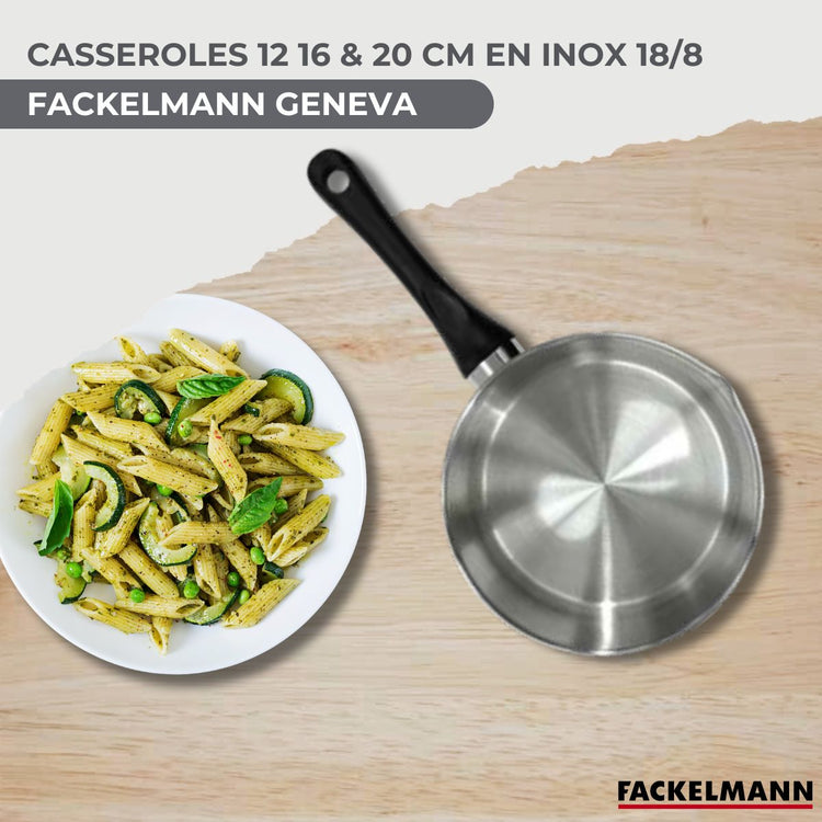 Lot de 3 casseroles inox Fackelmann Geneva 12/16/20cm avec 5 ustensiles