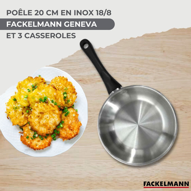 Lot 3 Casseroles 12/16/20 cm et Poêle 20 cm Fackelmann Geneva avec 5 ustensiles Fackelmann