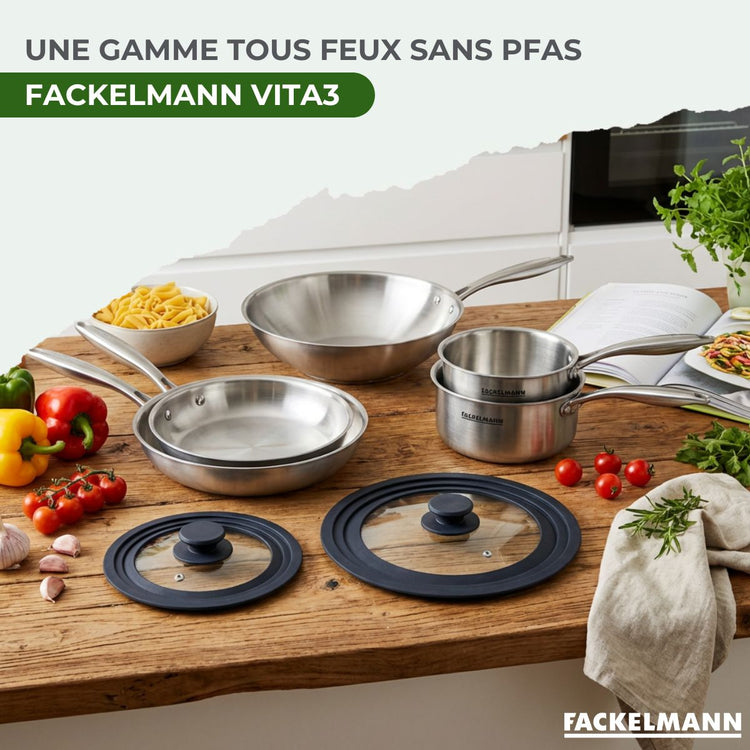 Poêles à Frire 24 et 28 cm, Casseroles 14 et 18 cm, Wok 28 cm inox 18/10 Triply et 2 couvercles Fackelmann Vita3