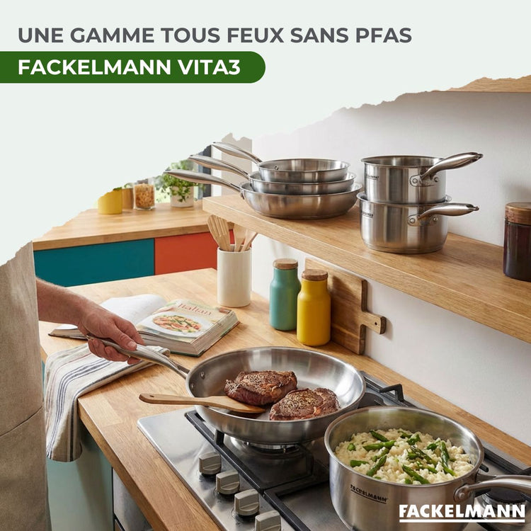 Batterie de cuisine avec 1 poêle 24 cm et 2 casseroles 14/18 cm en inox sans PFAS Fackelmann Vita3