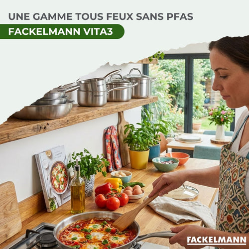 Batterie de cuisine avec 3 poêles 24/26/28 cm 3 casseroles 14/16/18 cm et 2 faitouts 20/24 cm sans PFAS Fackelmann Vita3