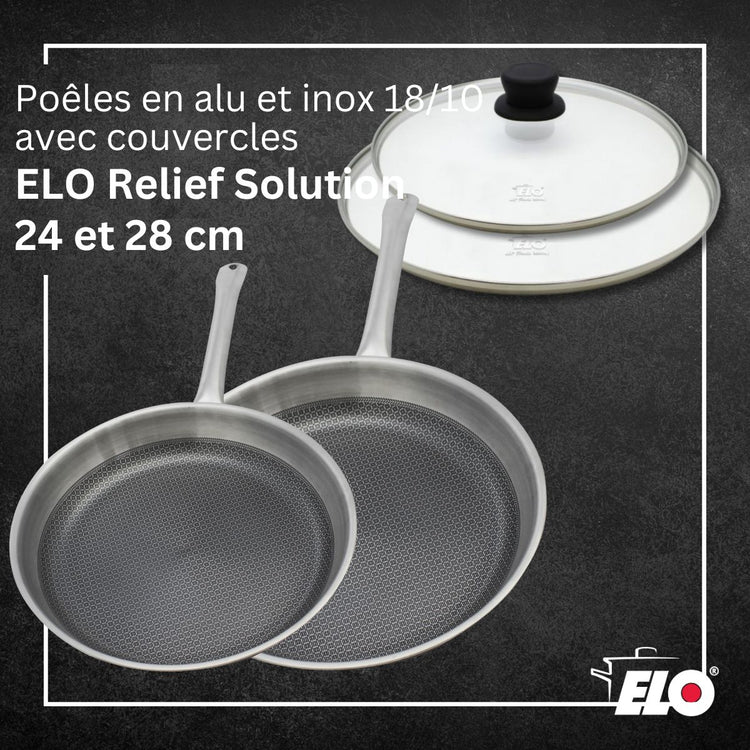 Lot de 2 poêles de cuisson 24/28 cm en acier inoxydable avec 2 couvercles Elo Relief Solution avec couvercles