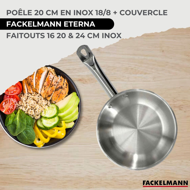 Set 1 poêle 20 cm en inox et 1 couvercle verre, 3 faitouts inox 16, 20 et 24 cm et 6 ustensiles RPET Fackelmann Eterna