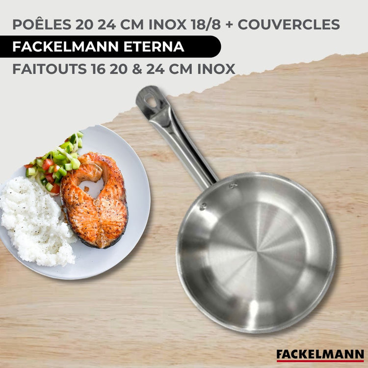 Set 2 poêles 20 24 cm en inox, 2 couvercles verre, 3 faitouts inox 16, 20 et 24 cm et 6 ustensiles RPET Fackelmann Eterna