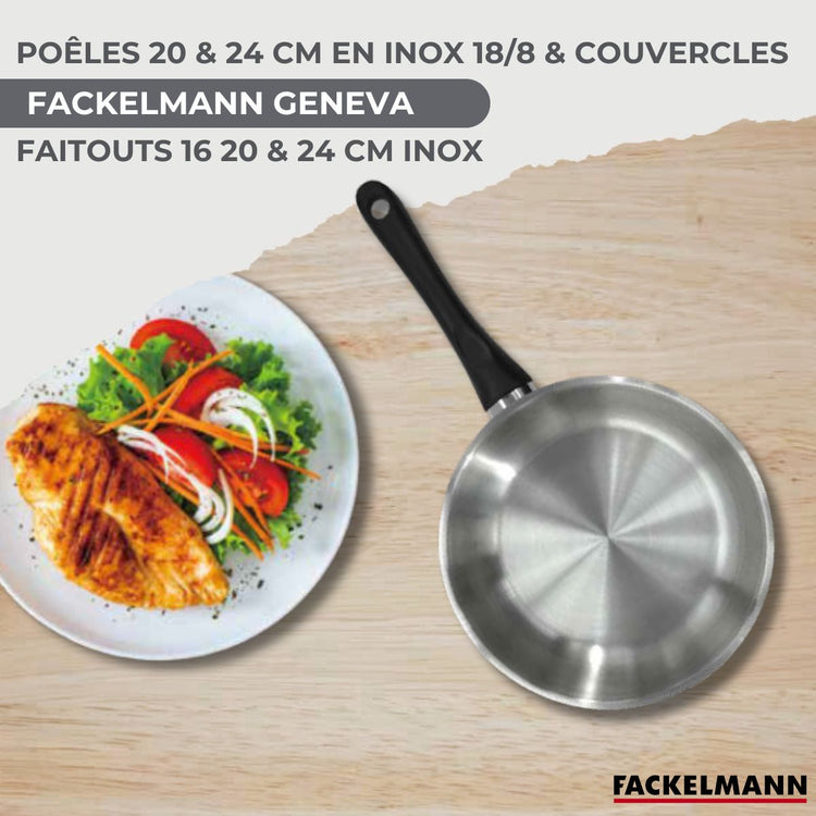 Set de 2 poêles 20 et 24 cm en inox et couvercle, 3 faitouts inox 16, 20 et 24 cm Fackelmann Geneva