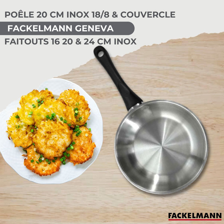 Set de 1 poêle 20 cm en inox, couvercle verre, 3 faitouts inox 16, 20 et 24 cm et 6 ustensiles RPET Fackelmann Geneva