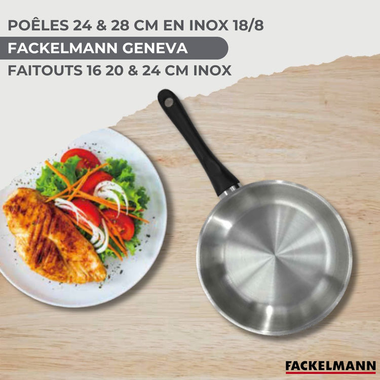 Set de 2 poêles 24 28 cm en inox, couvercles verres, 3 faitouts inox 16, 20 et 24 cm et 6 ustensiles RPET Fackelmann Geneva