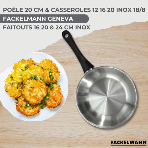 Batterie de cuisine avec 1 poêle 20 cm 3 casseroles 12/16/20 cm et 3 faitouts 16/20/24 cm en inox sans PFAS Fackelmann Généva Brillant