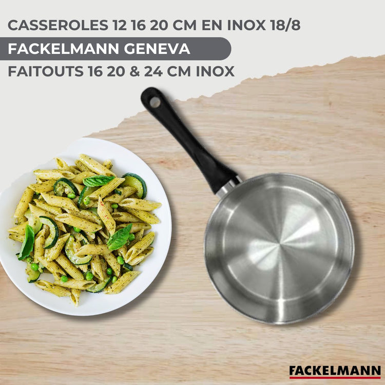 Set de 3 casseroles 12 16 20 cm en inox, 3 faitouts inox 16, 20 et 24 cm et 6 ustensiles RPET Fackelmann Geneva