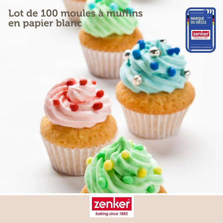Ensemble comprenant 100 moules à muffin en papier, 1 spatule  Zenker, 2 bols à mixer en inox Fackelmann