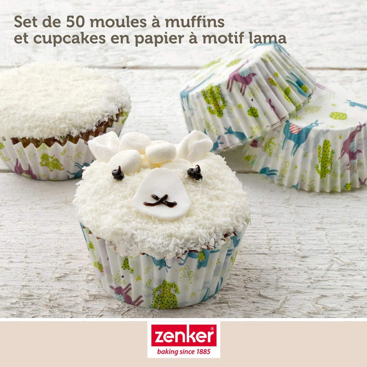 Set pâtisserie avec 50 moules à muffins lama en papier, 2 bols à mixer, verre mesureur et spatule Zenker