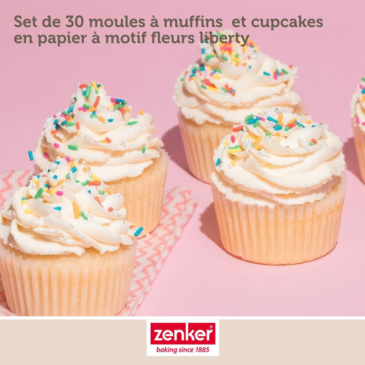 Set pâtisserie avec 50 moules à muffins fleurs liberty en papier, 2 bols à mixer, verre mesureur et spatule Zenker