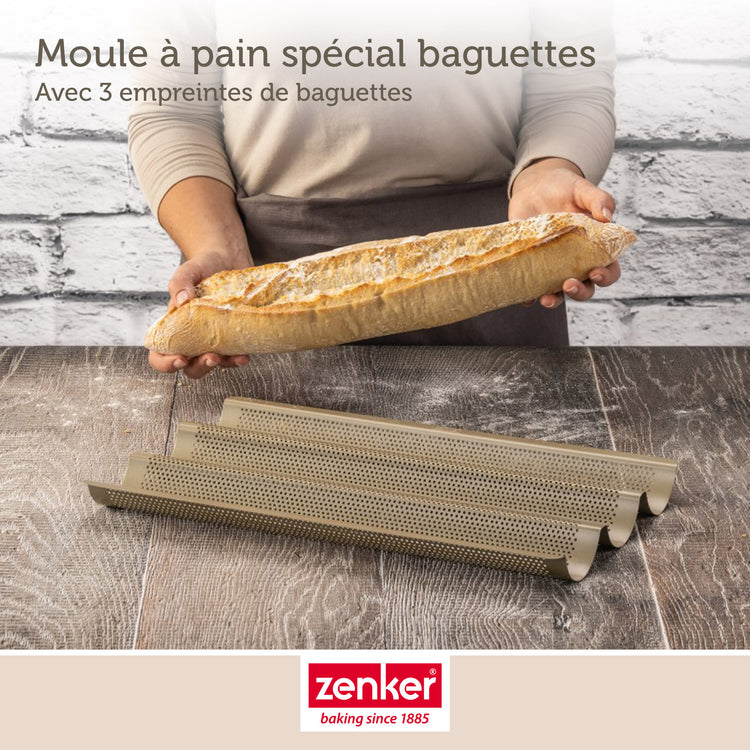 Set pâtisserie avec moule perforé 3 baguettes 38,5 x 24,6 cm en acier, 2 bols à mixer, verre mesureur et spatule Zenker
