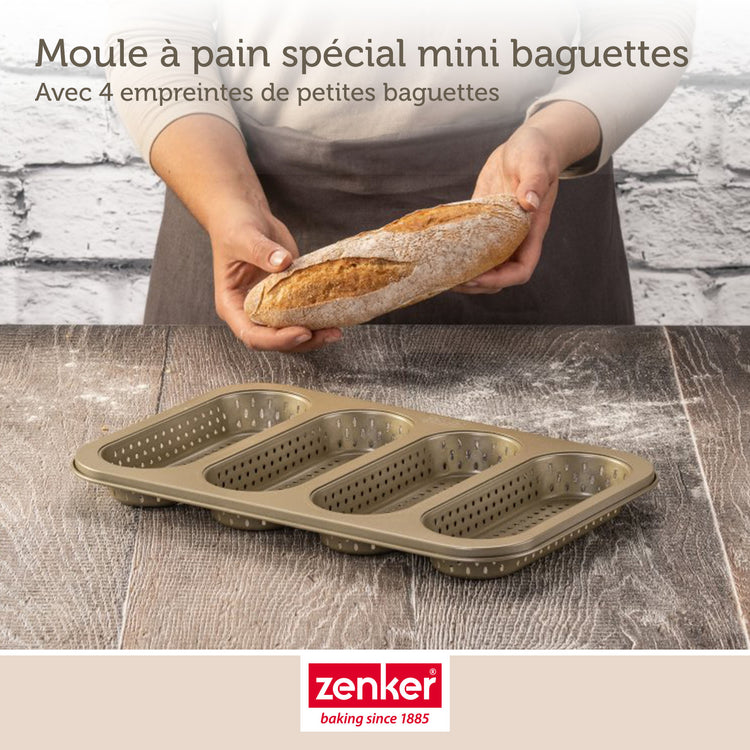 Set pâtisserie avec moule perforé 4 mini baguettes 33 x 22 cm en acier, 2 bols à mixer, verre mesureur et spatule Zenker