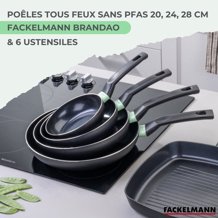 Ensemble de 3 poêles de 20, 24 et 28 cm et 6 ustensiles Fackelmann Brandao
