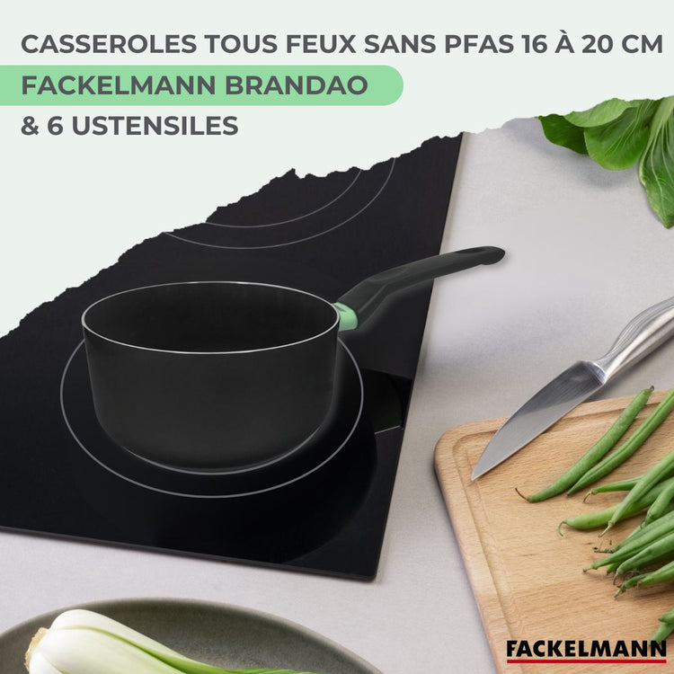 Set de 3 casseroles antiadhésives céramique 16, 18 et 20 cm et 6 ustensiles Fackelmann Brandao