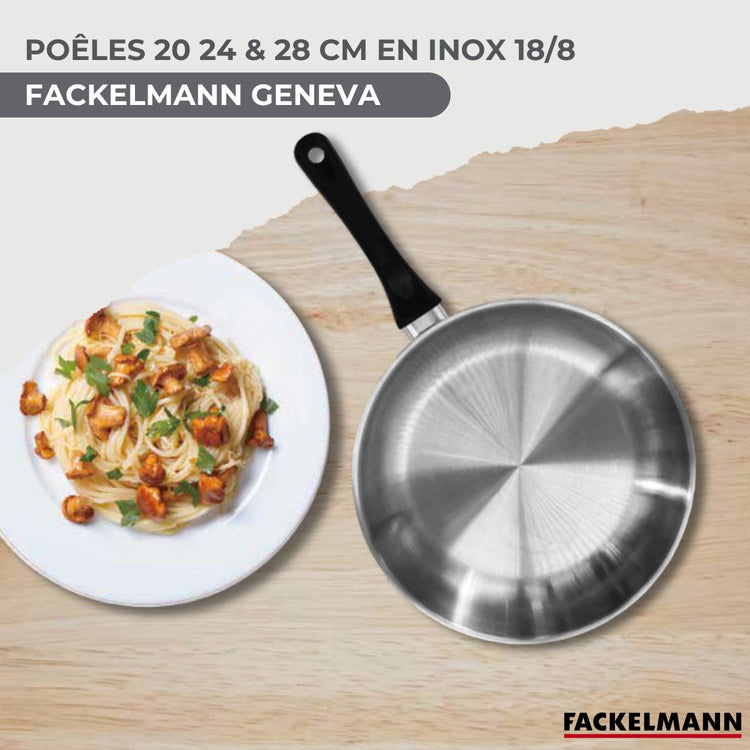 Set 3 poêles 20 24 et 28 cm en inox et 6 ustensiles Fackelmann Geneva