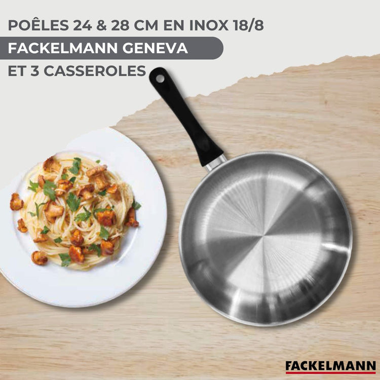 Set 2 poêles 24 et 28 cm 3 casseroles 12 16 et 20 cm en inox et 6 ustensiles Fackelmann Geneva