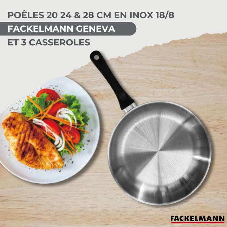 Set 3 poêles 20 24 et 28 cm 3 casseroles 12 16 et 20 cm en inox et 6 ustensiles Fackelmann Geneva