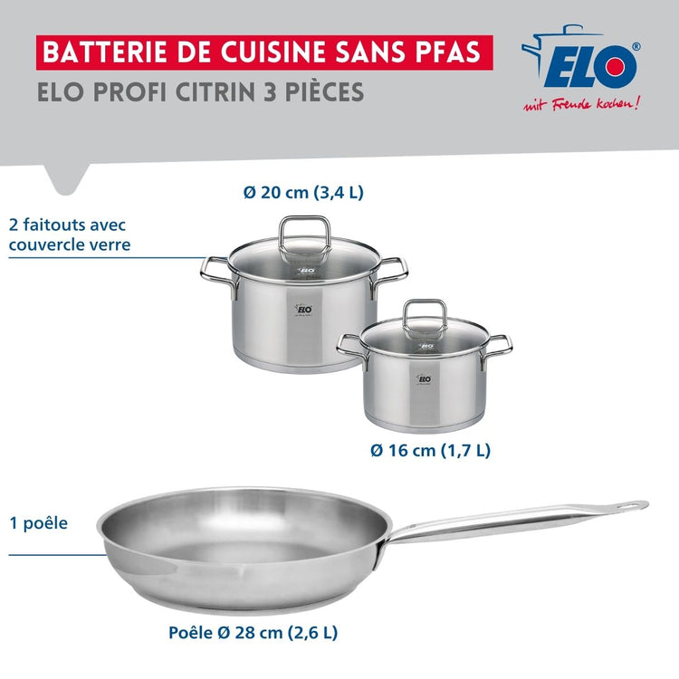 Ensemble de 1 Poêle de cuisson 28 cm et 2 faitouts 16 et 20 cm Elo Profi Citrin
