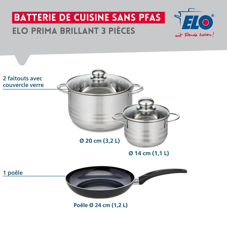 Ensemble de 1 Poêle de cuisson 24 cm et 2 faitouts 14 et 20 cm Elo Prima Brillant