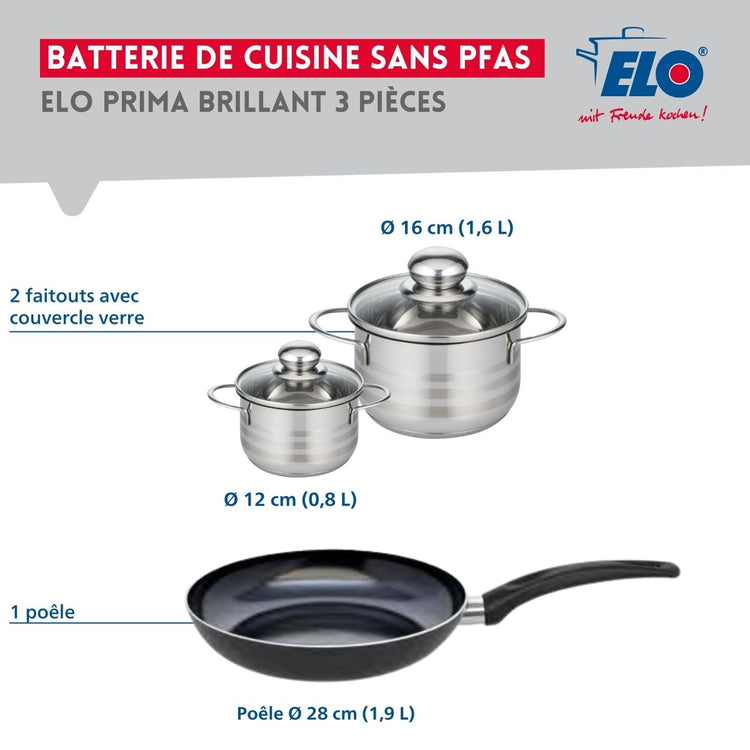 Ensemble de 1 Poêle de cuisson 28 cm et 2 faitouts 12 et 16 cm Elo Prima Brillant
