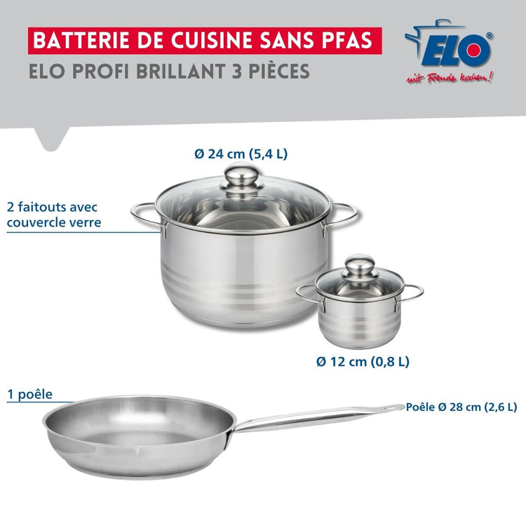 Ensemble de 1 Poêle de cuisson 28 cm et 2 faitouts 12 et 24 cm Elo Profi Brillant