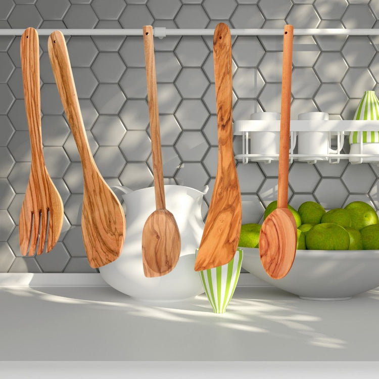 Ensemble de couverts à salade, cuillères et spatule Fackelmann Édition Bois d'olivier