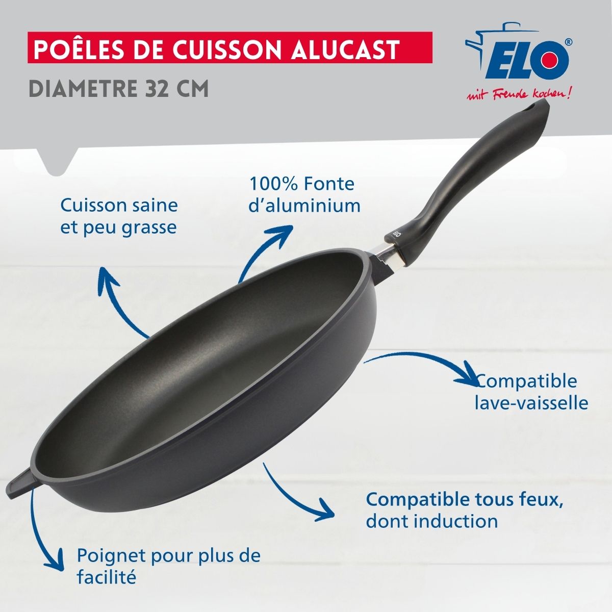 Poêle à frire 32 cm en aluminium pressé avec couvercle en verre Elo Alucast