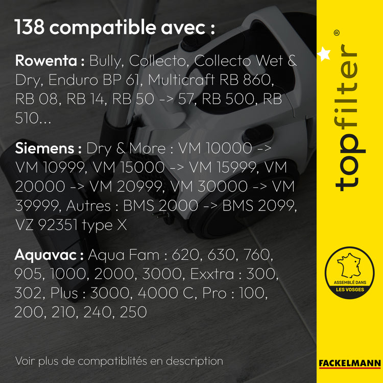 Lot de 4 packs de 2 sacs aspirateur 64138 pour Rowenta industriel TopFilter Premium