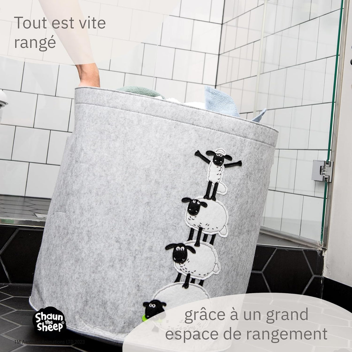 Panier à linge sale gris en feutre motif 4 moutons Lifeney Shaun le mouton