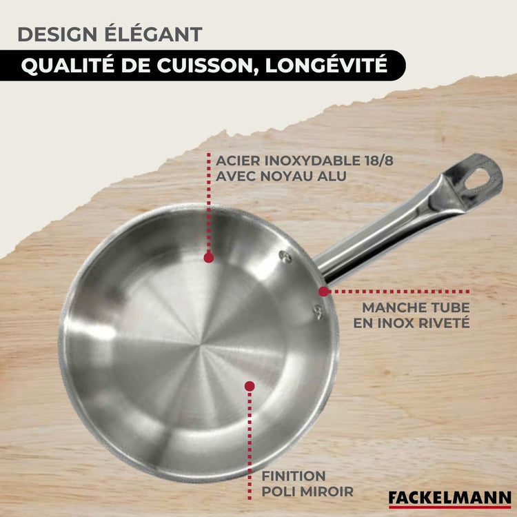 Set 1 poêle 20 cm en inox, 3 faitouts inox 16, 20 et 24 cm et 6 ustensiles RPET Fackelmann Eterna