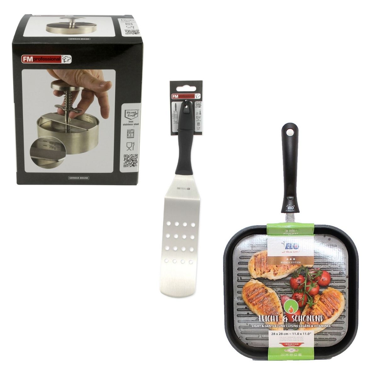 Ensemble spécial burger avec presse, poêle et spatule FM Professional